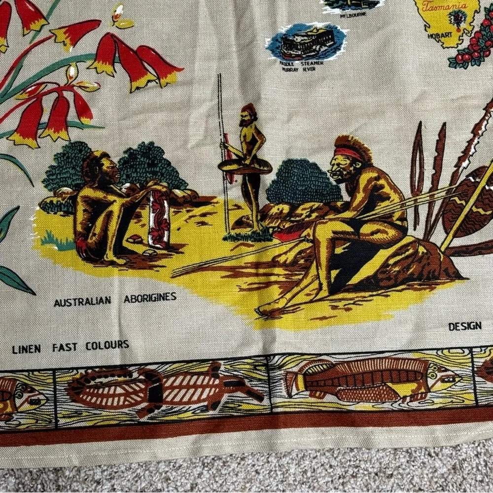 Vintage Citer Australia Linen Tea Towel Souvenir Map‎ Flora Fauna Koala Emu Art